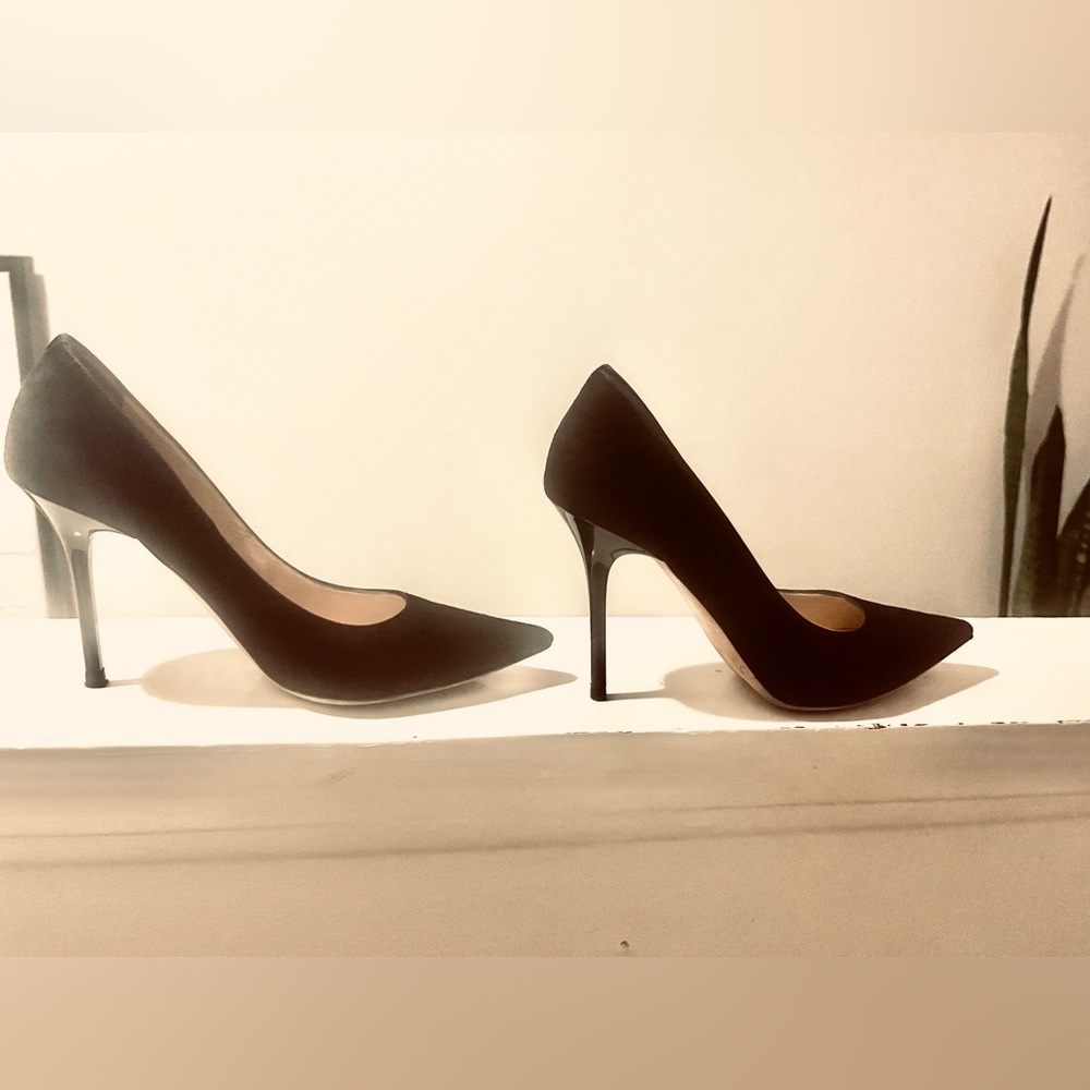 Jimmy Choo Abel Pumps Pointed Toe Lacquered Heel Black Suede Size 4 1/2